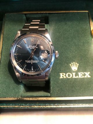 Mens Rolex Date Stainless Steel Watch Oyster Style Bracelet Blue Dial Domed 1500