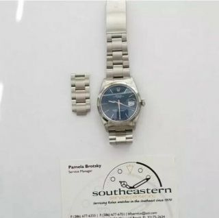 Mens Rolex Date Stainless Steel Watch Oyster Style Bracelet Blue Dial Domed 1500 9
