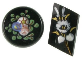 Victorian Black Glass Buttons W/ Enamel Flowers,  Incl Odd Shape