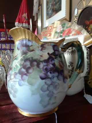 Antique Limoges Porcelain Pitcher Berries Grapes Hand Painted Ak France