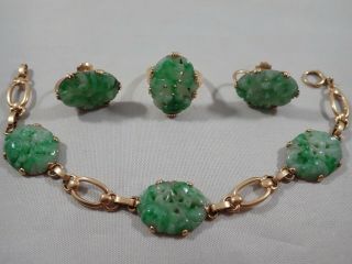 Carved Floral Jade 14k Yellow Gold Ring,  Bracelet & Earrings Matching Set