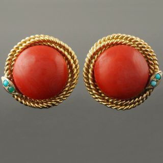 Etruscan Revival Solid 18k Gold,  Coral & Turquoise Estate Omega Back Earrings Nr