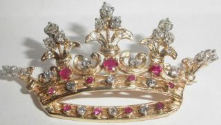 Exquisite Antique Victorian 14k Gold Old Mine Cut Diamonds Ruby Crown Brooch