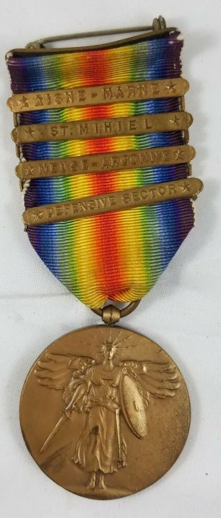 1914 - 18 Wwi Great War For Civilian Bronze Victory Medal With 4 Battle Clasps