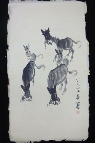 Rare Large Old Chinese Hand Painting Vivid Donkeys " Huangzhou " Marks