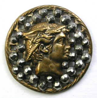 Bb Antique Pierced Brass Screen Button Mercury Head W/ Cut Steel Accents 3/4 "