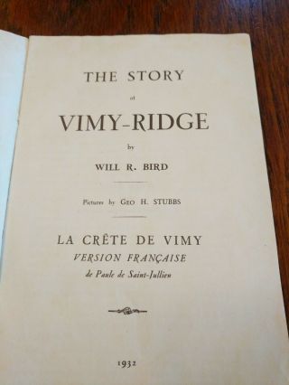 Vimy Ridge.  Will.  R.  Bird.  RARE. 2