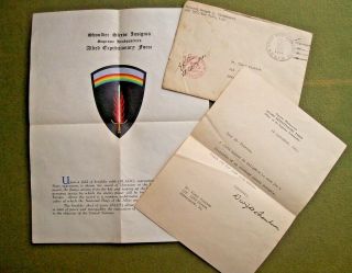1944 Wwii General Dwight D.  Eisenhower Signed Letter Aef Insignia Patch Ephemera