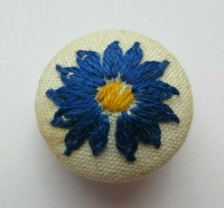 Delightful Antique Vtg Silk Fabric Woven Textile Button Vibrant Blue Flower (r)