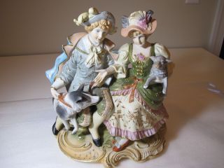 Large Bisque Statue Of A Man & Woman With A Dog & Lamb - Unmarked