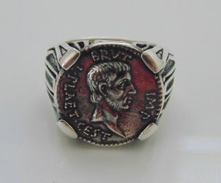 Sterling Silver Mens Ring Signet Roman Ancient Coin Brutus Julius Caesar 10 11
