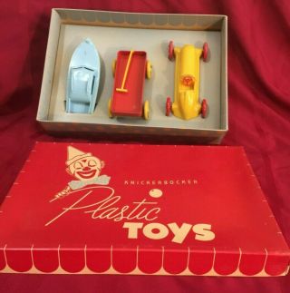 Vintage Knickerbocker Plastic Toys Set 263 Wagon,  Racer,  Boat