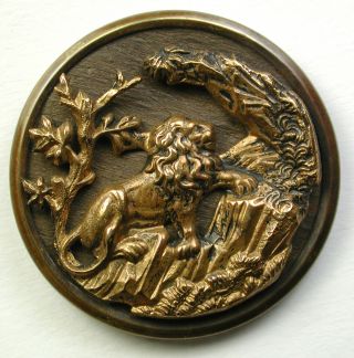 Bb Antique Brass Button Lion In Lush Valley 1 & 5/16 " 1890s