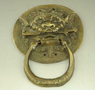 Old Chinese Copper Fengshui Folk Dragon Beast Lion Head Gate Door Knocker C02
