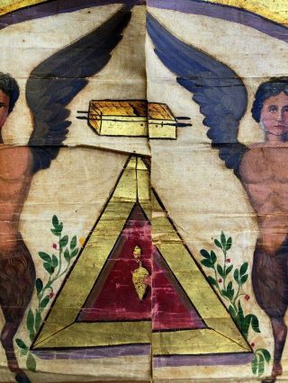 RARE Antique Masonic Freemason Painting on Silk with Satyrs Eye of Providence 7