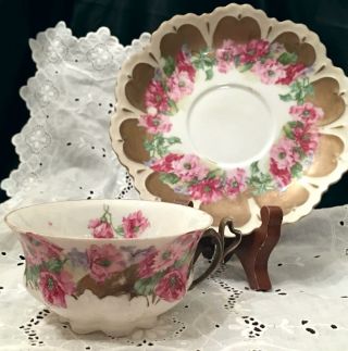 Antique Hand Painted Floral Porcelain Cup & Saucer Mz Austria Peony Gilded Rare