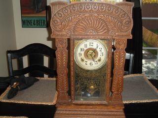 Antique,  E.  Ingraham’s Wooden Mantle Clock Functional W/ Key.
