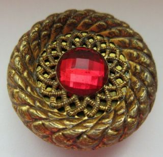 Striking Antique Vtg Ruby Red Glass In Metal Button Faceted Design 1 - 1/8 " (r)