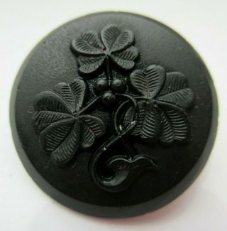 Gorgeous Large Antique Vtg Victorian Jet Black Glass Button 4 - Leaf Clovers (r)