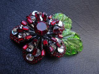 Lawrence Vrba Red Flower With Green Glass Leaves Brooch Pin