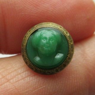 Wonderful Antique Emerald Glass In Metal Waistcoat Button Jenny Lind Cameo (r)