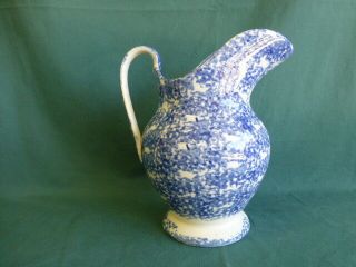 Antique Blue And White Sponge Ware Pottery Large Pitcher