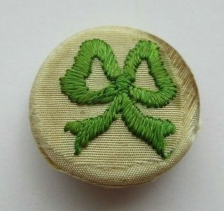 Lovely Antique Vtg Silk Fabric Textile Button Cream W/ Green Ribbon Bow (r)