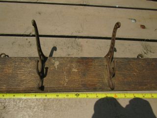 4 Antique Vintage Cast Iron Hooks for Coat / Hat Rack on Oak Board 3