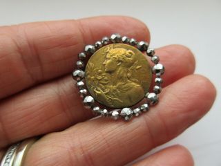 Exquisite Antique Vtg Metal Picture BUTTON Art Nouveau Woman Cut Steel Rim (R) 2