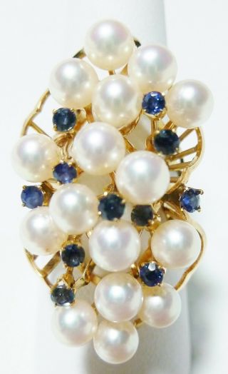 14k Yellow Gold Large Pearl Cluster Blue Sapphire Vintage Cocktail Ring Size 9
