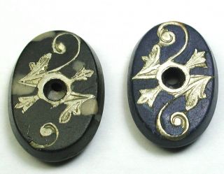 Bb Antique Horn Button Set Of 2 Oval W Silver Inlay Whistle Style Pretty 5/8 "