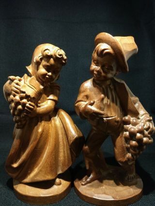 2 Vintage Wood Hand Carved Carved Figures Boy And Girl With Grapes 7 " Tall