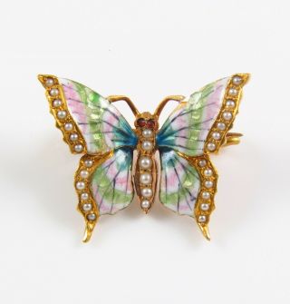14k Gold Art Nouveau Riker Brothers Enamel Pearl Ruby Eyed Butterfly Brooch Pin