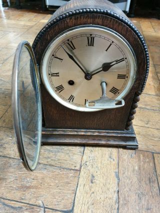 Vintage Wooden Mantle Clock With Key Ticks,  Chimes But Movement Needs A