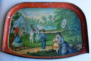 19th Century Lithographed Tin Tray Depicting Children Practicing Archery