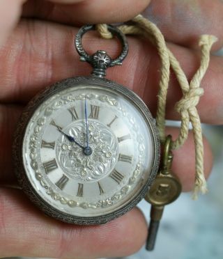 Vintage Sterling Silver Fancy Dial And Case Key Wind Pocket Watch Circa 1800s