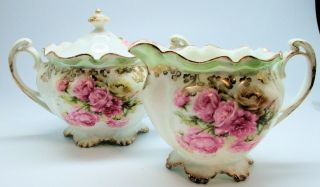 Porcelain Cream Pitcher & Covered Sugar Bowl,  Pink Roses,  Germany