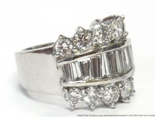 Heavy Platinum 3.  50ctw Fine Diamond Ring Tapered Baguette Round Huge Wide Band 4