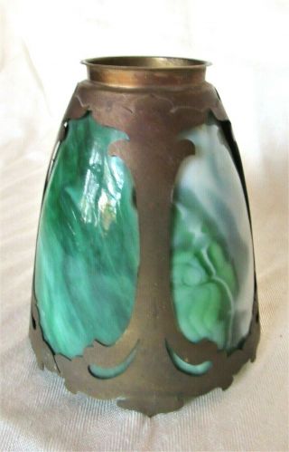 Brilliant Jade Green Slag Panels Bronze Art Nouveau Light Shade C.  1915