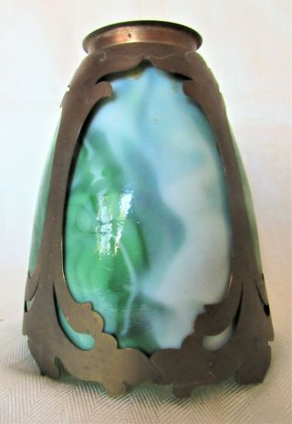 Brilliant Jade Green Slag Panels Bronze Art Nouveau Light Shade c.  1915 3