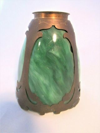 Brilliant Jade Green Slag Panels Bronze Art Nouveau Light Shade c.  1915 6