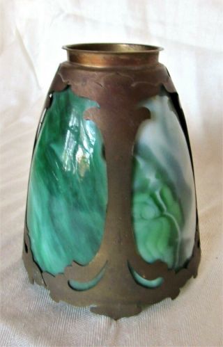 Brilliant Jade Green Slag Panels Bronze Art Nouveau Light Shade c.  1915 7