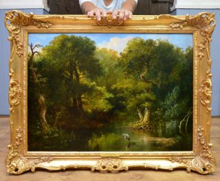 Fine Large Antique 19thc Oil Painting Of English Woodland Summer 1852