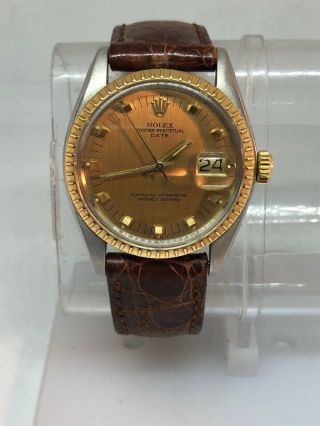 Rolex 1505 Ss & 18k Date Vintage 60s / 70s Two Tone Leather Band Watch