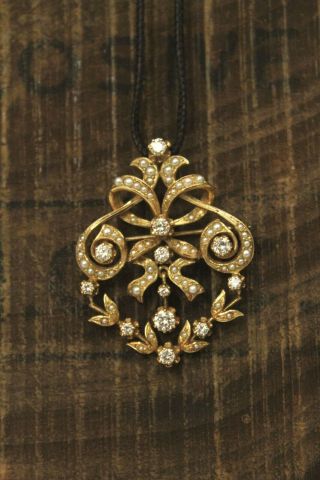 14K Kurt Goldschmidt KGJ Diamond Seed Pearl Pendant Brooch Scrolls Pin Vintage 4