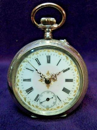 Serviced 1890s Swiss Fancy Dial Cylinder 43mm 8 Size.  800 Silver Pocket Watch