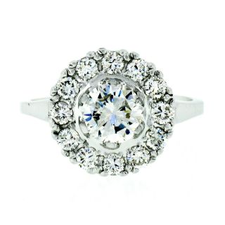 Vintage 14k White Gold 1.  12ctw Gia Round Diamond Solitaire & Halo Cluster Ring