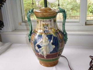 Vintage Antique Italian Majolica Art Pottery Urn Table Lamp Maidens Salamanders