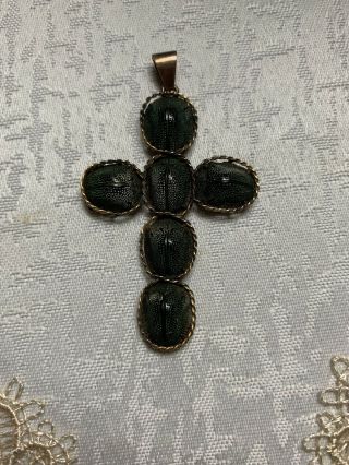 Victorian 9ct Gold Real Scarab Ring Pendant Cross Antique Mourning Egyptian