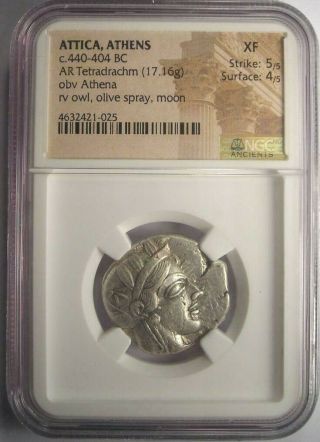 Ancient Athens Greece Athena Owl Tetradrachm Coin (440 - 404 BC) - NGC XF 2